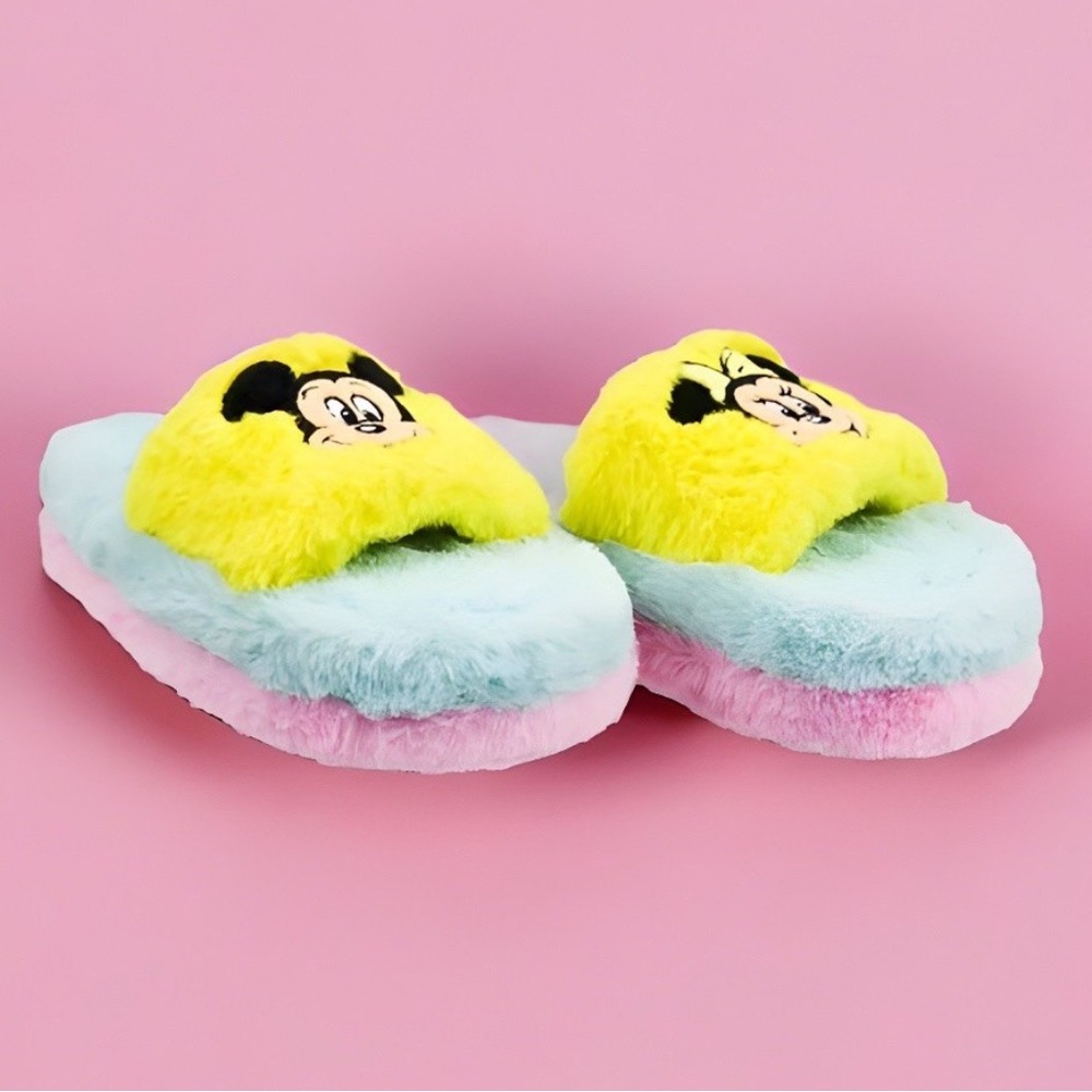 Disney Parks Retro Minnie Mickey Mouse Pastel Fuzzy Slippers